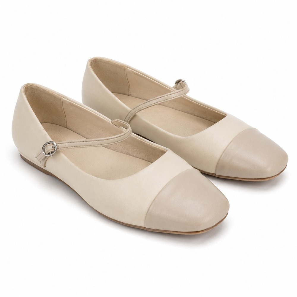 Tahari Mary Jane Flats Womens Size 8 Cream Tan Good Square Cap Toe Buckle Strap